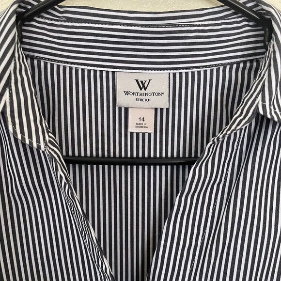 Worthington Womens Black & White Striped Button-Up Collared Shirt Size 14 Stretc - Picture 3 of 4